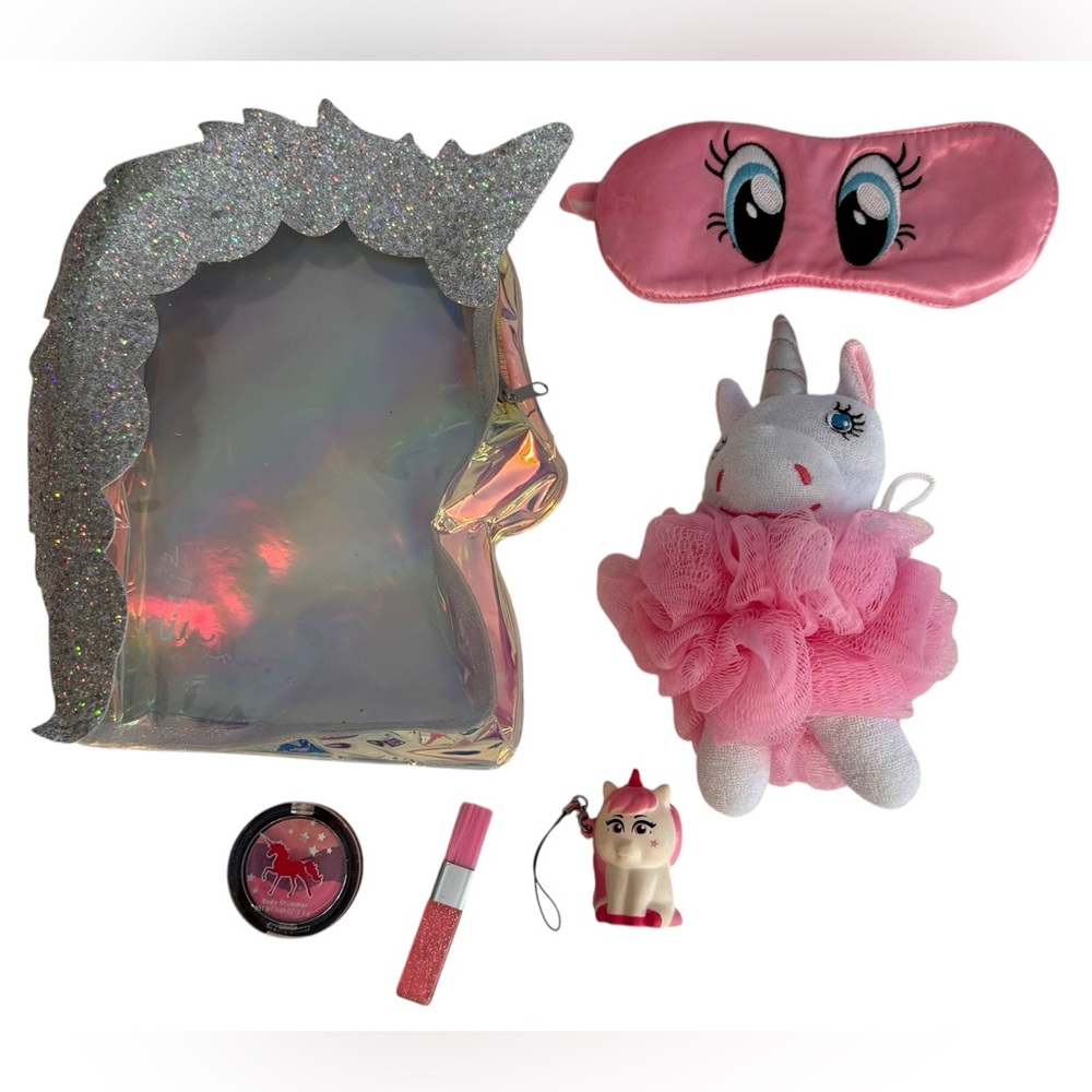 6 piece Unicorn bundle in zipper bag body shimmer eye mask pouf squishie & more
